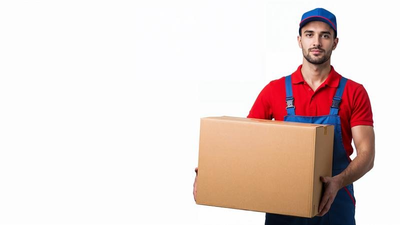 Operario con uniforme sujetando una caja de cartón preparada para su retirada